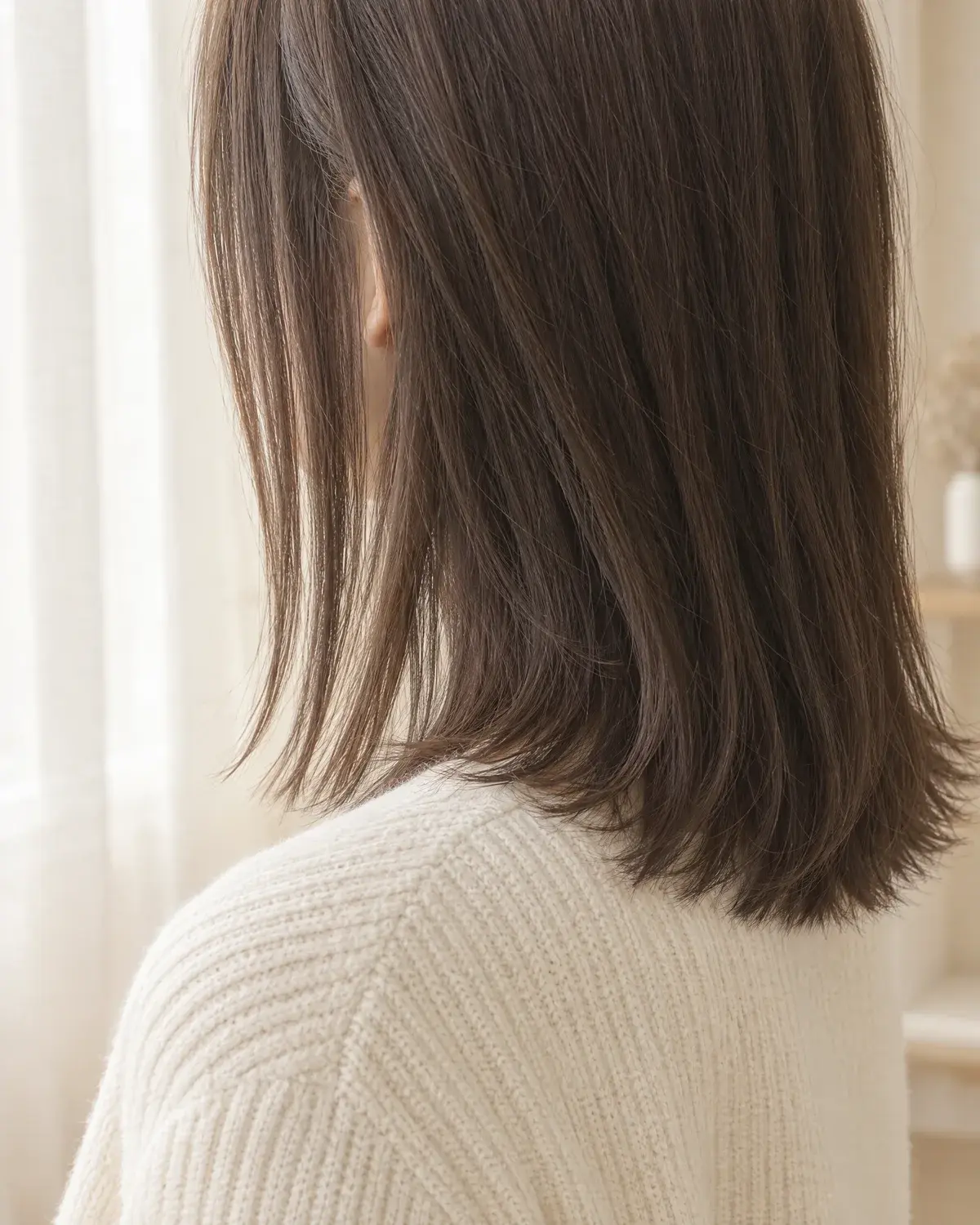 턱 아래에서 시작된 층과 앞쪽 머리가 세로로 곧게 떨어지는 어깨 길이 갈색 머리 클로즈업