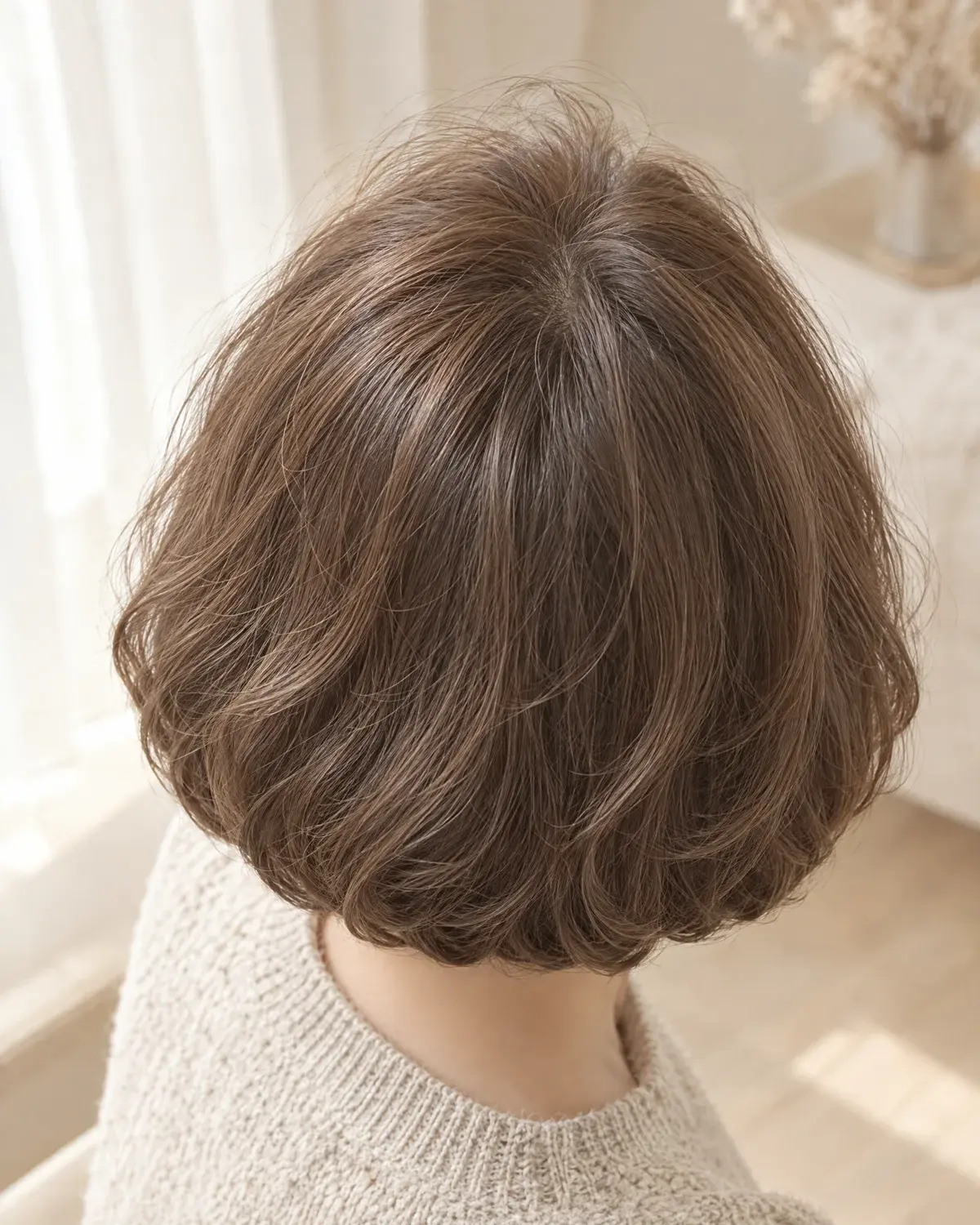 정수리 뿌리가 살짝 서고 끝이 목 쪽으로 감기는 단발을 위에서 본 모습