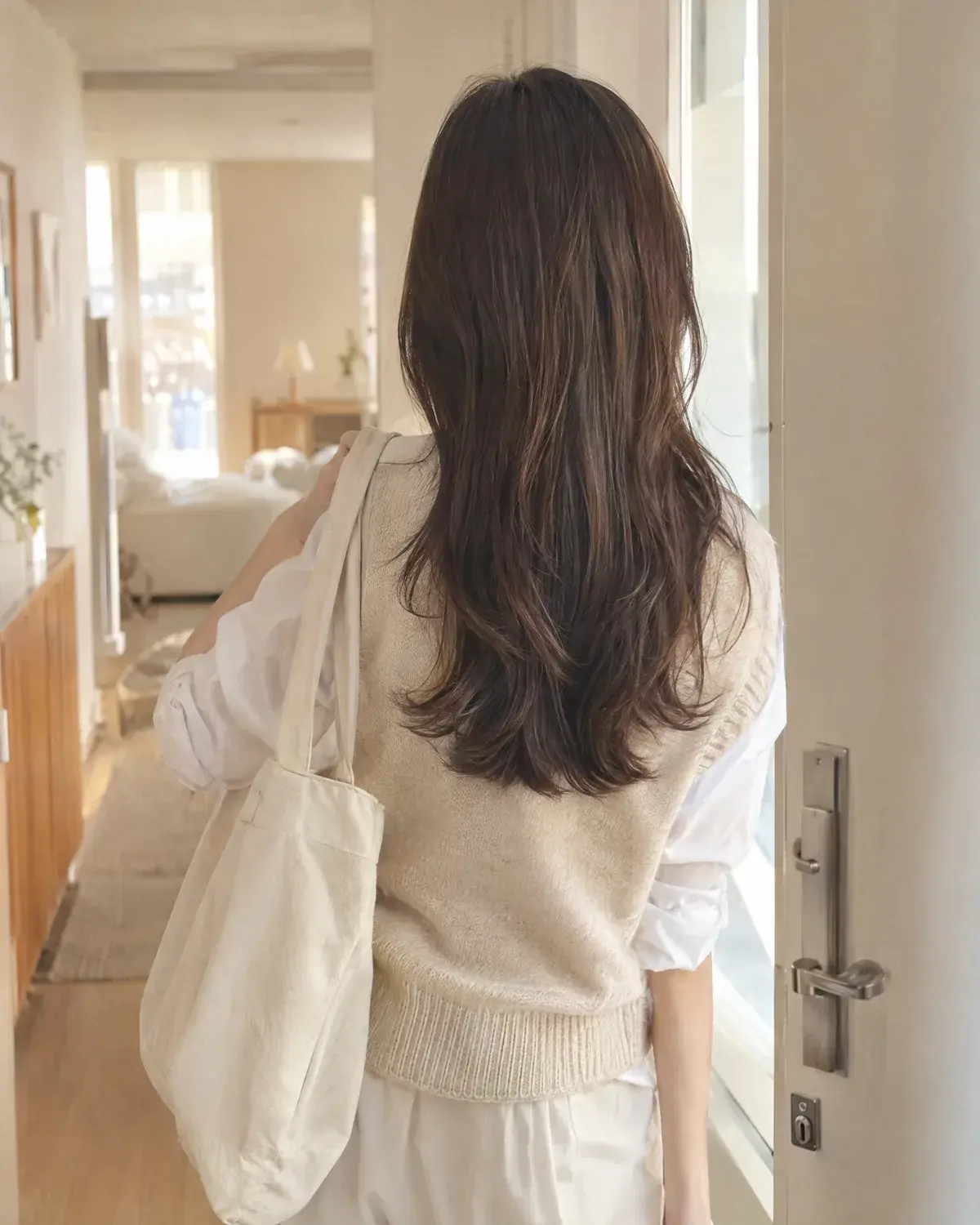 층이 가볍게 흐르는 가슴 아래 길이 레이어드 헤어 여성이 현관에서 에코백을 어깨에 메는 뒷모습