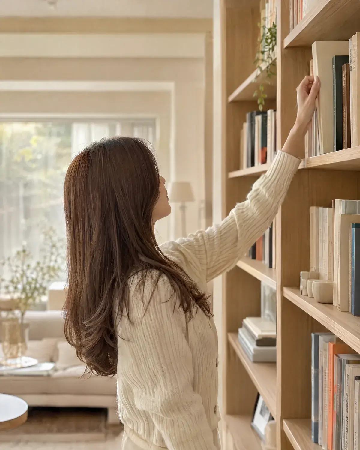 책장 앞에서 위 칸의 책을 꺼내는 짙은 갈색 긴 머리 여성의 옆모습