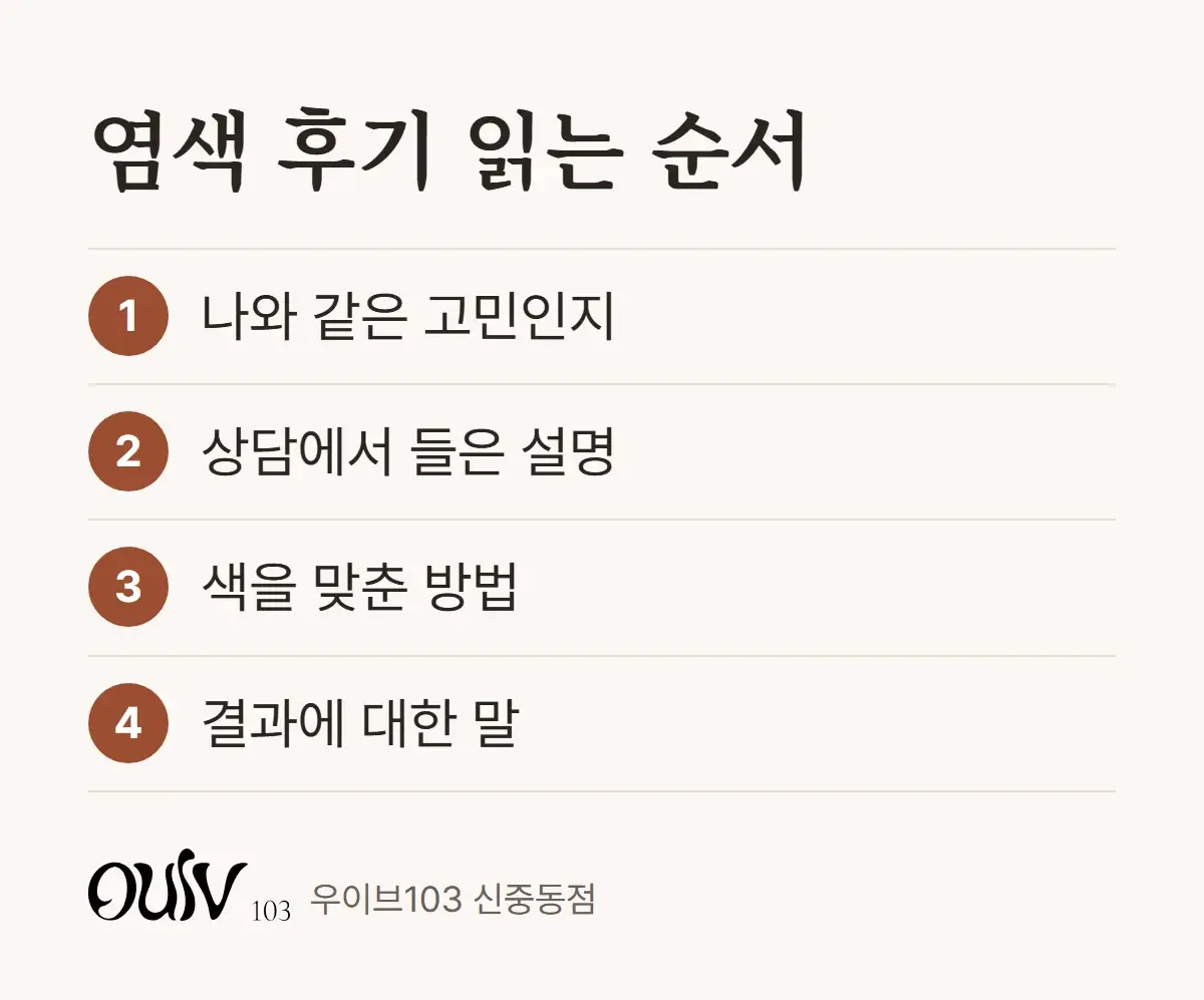 염색 후기를 읽을 때 볼 점을 순서대로 정리한 그림