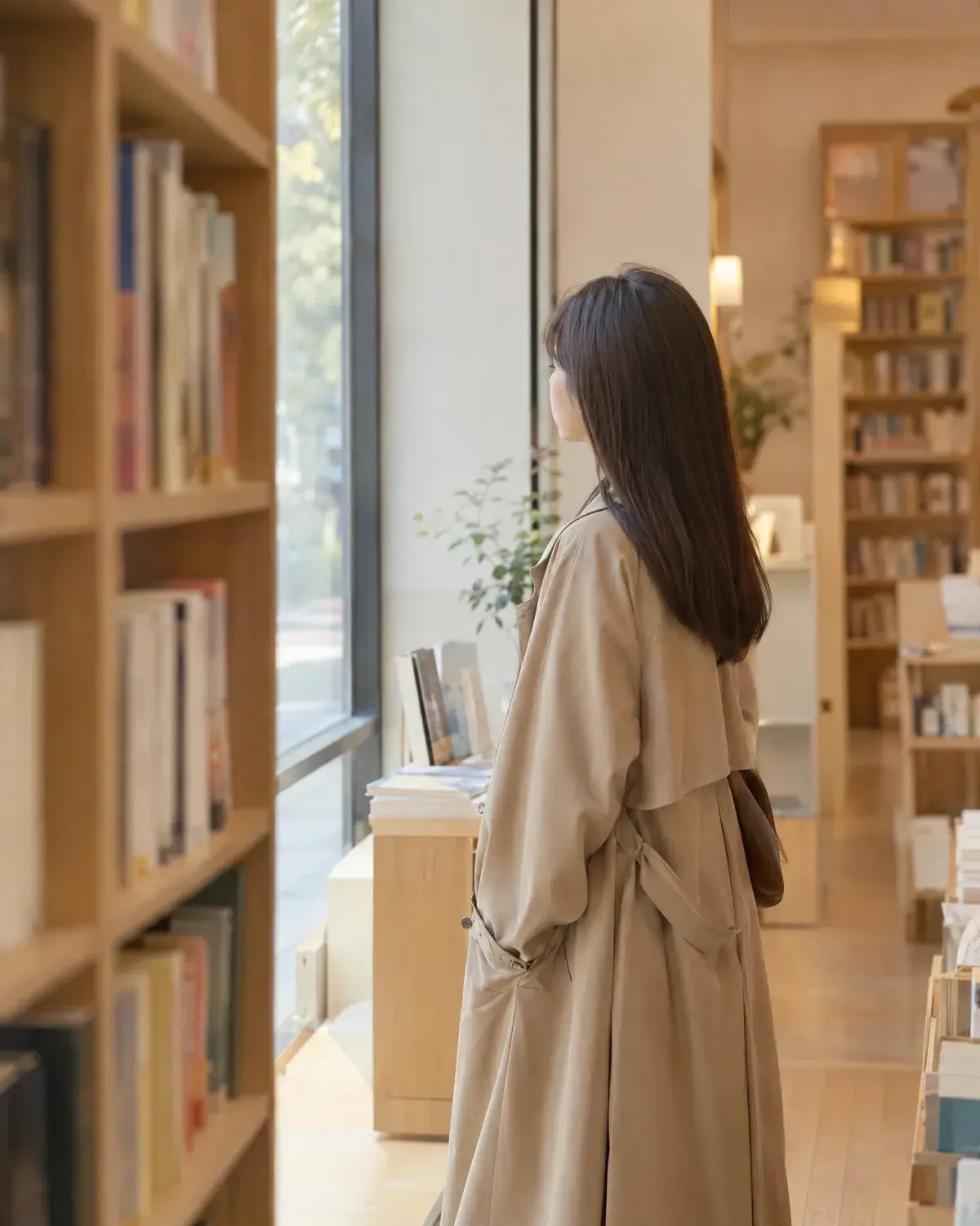 차분한 생머리의 여성이 서점 창가 쪽으로 고개를 돌린 옆뒷모습