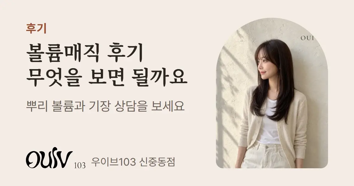 어깨 아래부터 층을 넣고 C컬로 마무리한 긴 머리, 옆모습(스타일 참고 이미지)와 함께 볼륨매직 후기에서 볼 점을 정리했다고 적은 표지