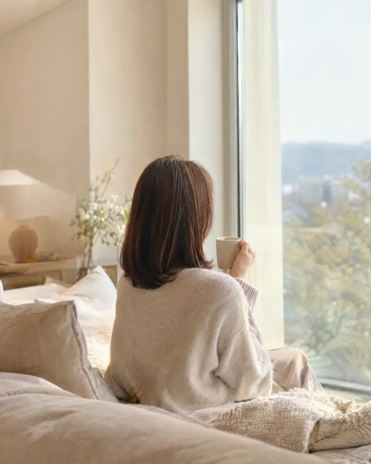 창가 침대에 앉아 머그잔을 든 여성의 고른 갈색 어깨 길이 머리 뒷모습