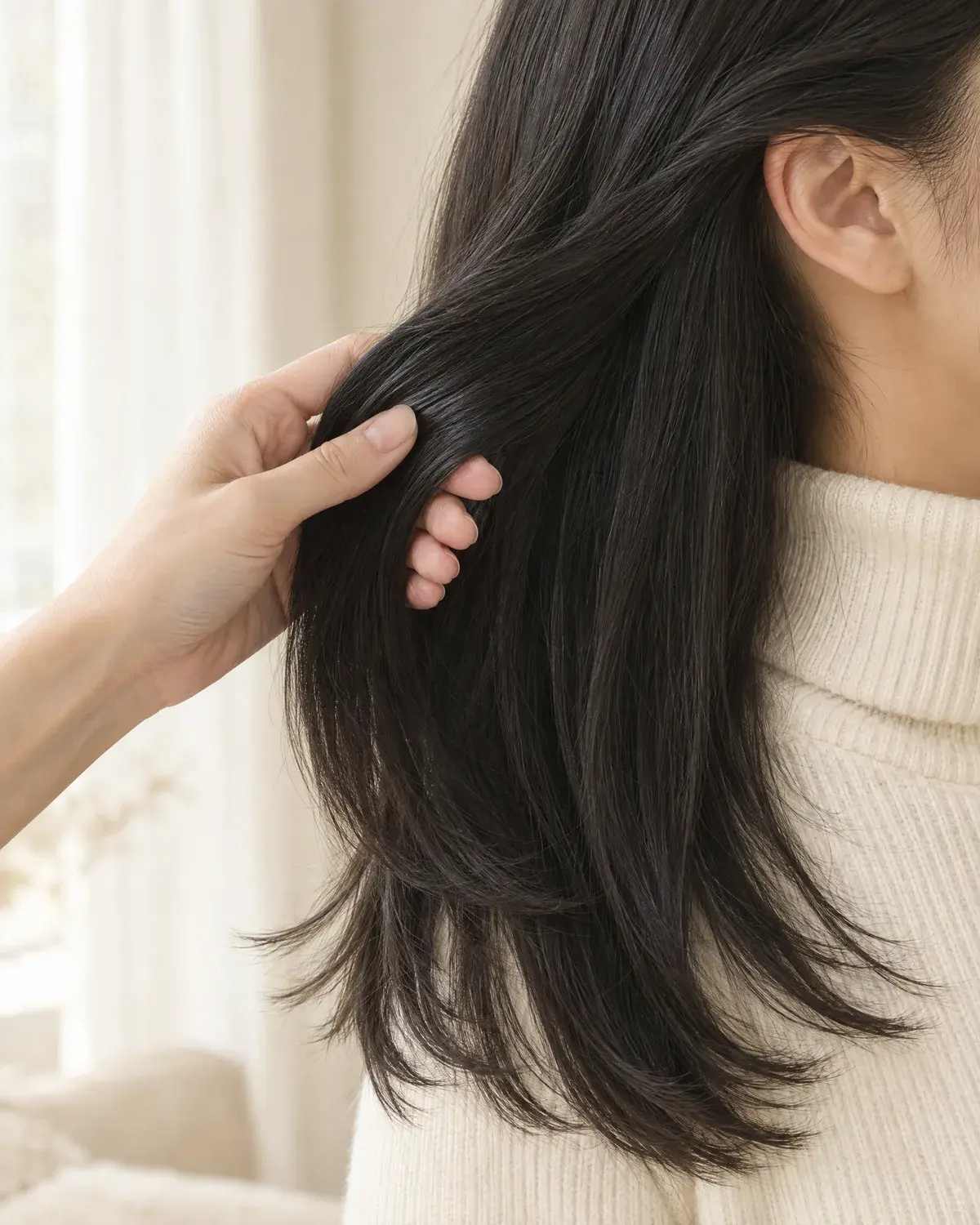 옆은 차분하게 붙고 끝은 가볍게 나뉜 숱 많은 검은 레이어드 헤어를 손으로 한 움큼 들어 보인 옆모습 클로즈업