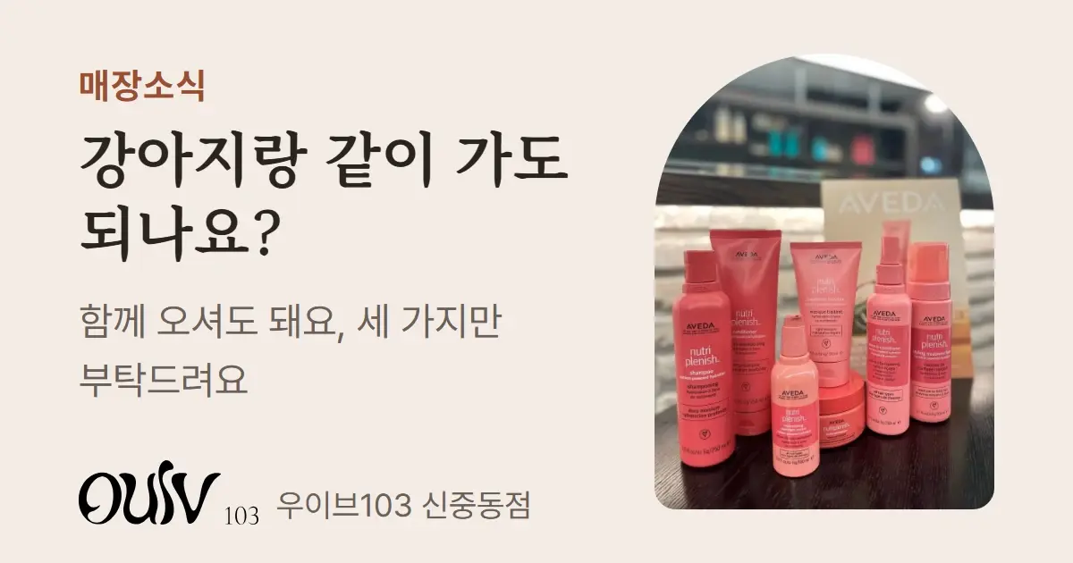 헤어 제품 사진 옆에 강아지랑 같이 가도 되나요라고 적은 표지