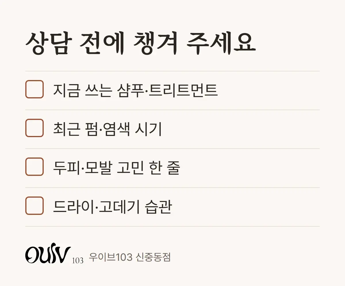 지금 쓰는 샴푸와 트리트먼트, 최근 시술 시기, 두피 고민, 손질 습관을 정리한 체크리스트
