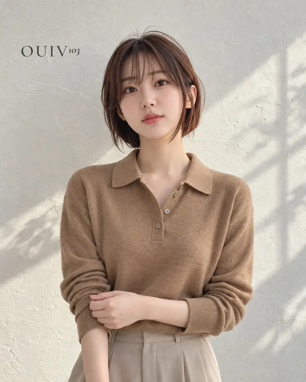 시스루뱅을 낸 갈색 단발 볼륨펌, 정면