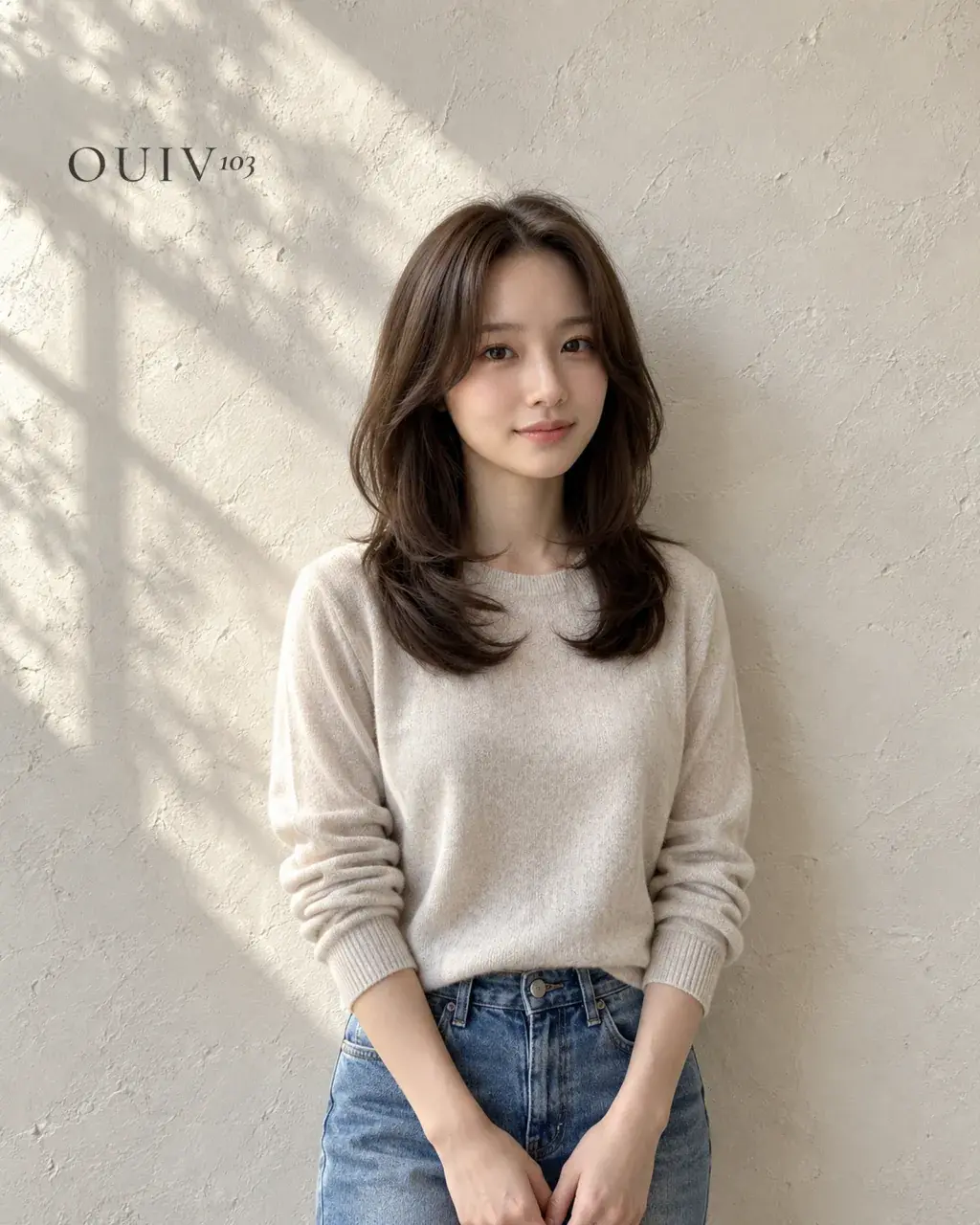 어깨 언저리 길이에 C컬을 넣은 미디움 레이어드, 정면