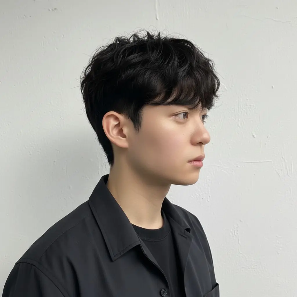 짧은 길이에 컬을 넣은 남성 댄디펌, 옆모습