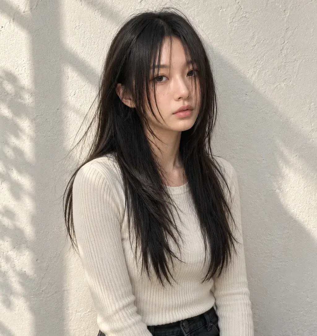 얼굴선을 따라 층을 길게 낸 검은 긴 머리 레이어드컷, 정면