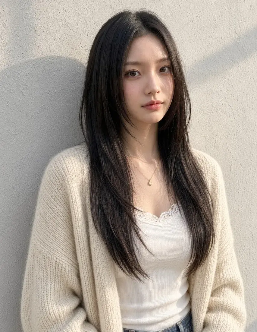 얼굴을 감싸는 층을 낸 검은 긴 머리 슬릭허그컷, 정면