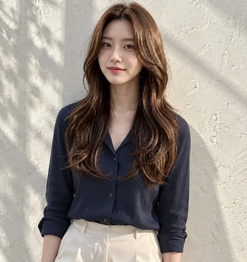 사이드뱅펌을 더한 긴 머리 레이어드 CS컬펌, 정면