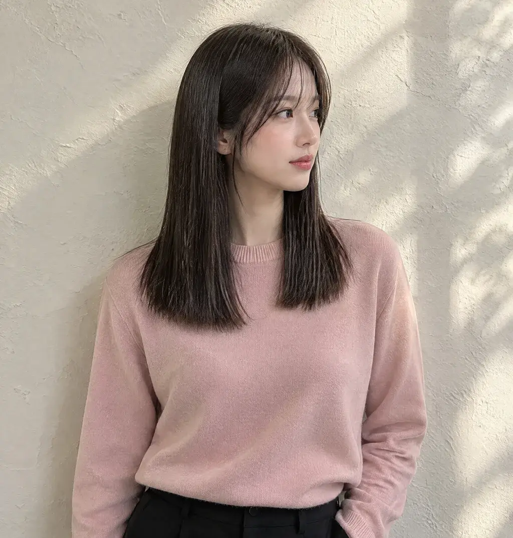 얼굴선 앞머리를 내리고 끝까지 곧게 편 어깨 아래 길이 매직 스트레이트, 옆모습