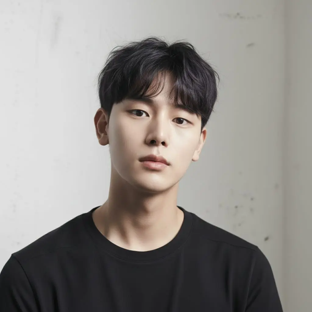 앞머리를 내린 짧은 남성 쉐도우펌, 정면