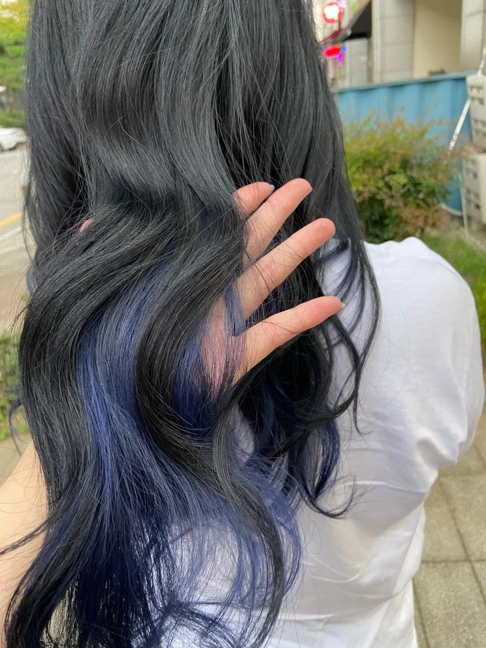 안쪽에 파란색을 넣은 투톤 염색 긴 머리, 뒷모습