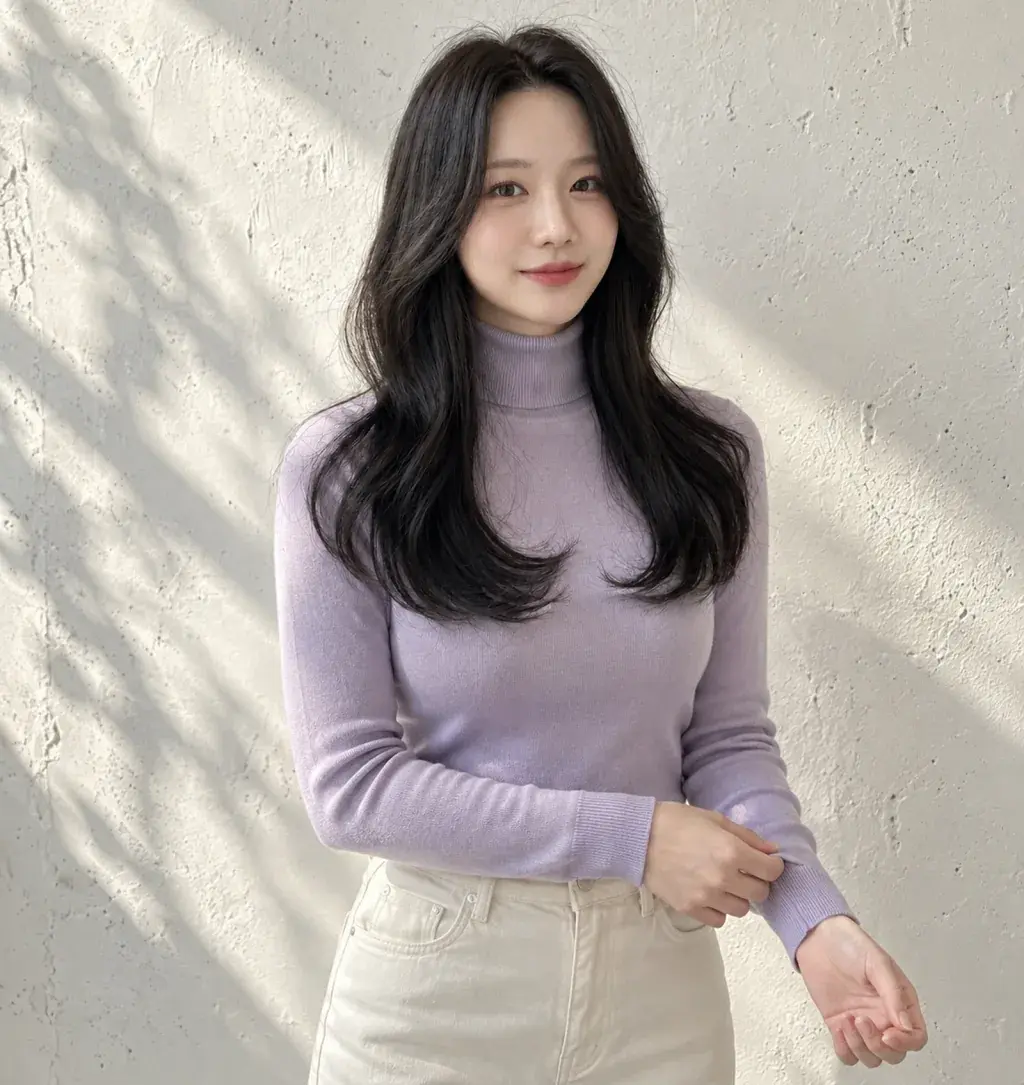 뿌리 볼륨과 굵은 컬을 살린 긴 머리 발롱펌, 정면